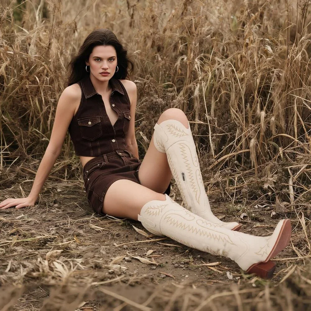 Women Over The Knee Western Boots Classic Embroidered Chunky Heel Slip On Beige